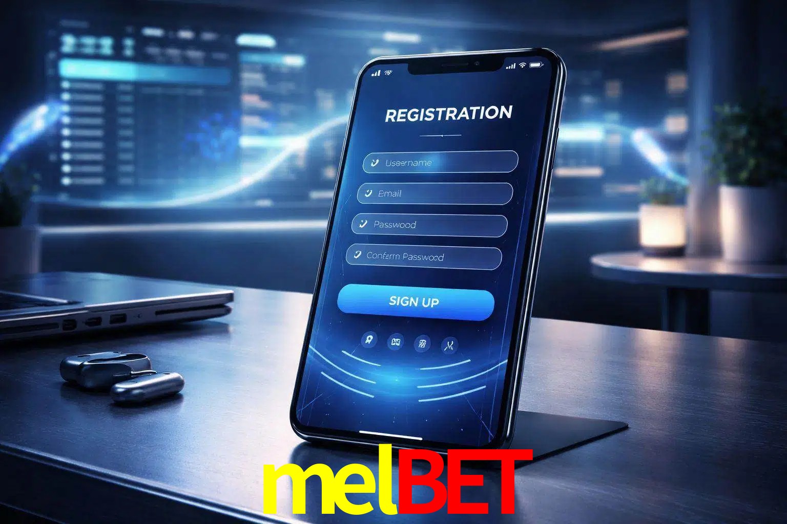 Una interfaz moderna de registro móvil para melbet mostrada en un smartphone con un panel de apuestas elegante.